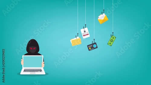 Hacker with laptop computer stealing confidential data, personal information and credit card detail. Hacking concept.
