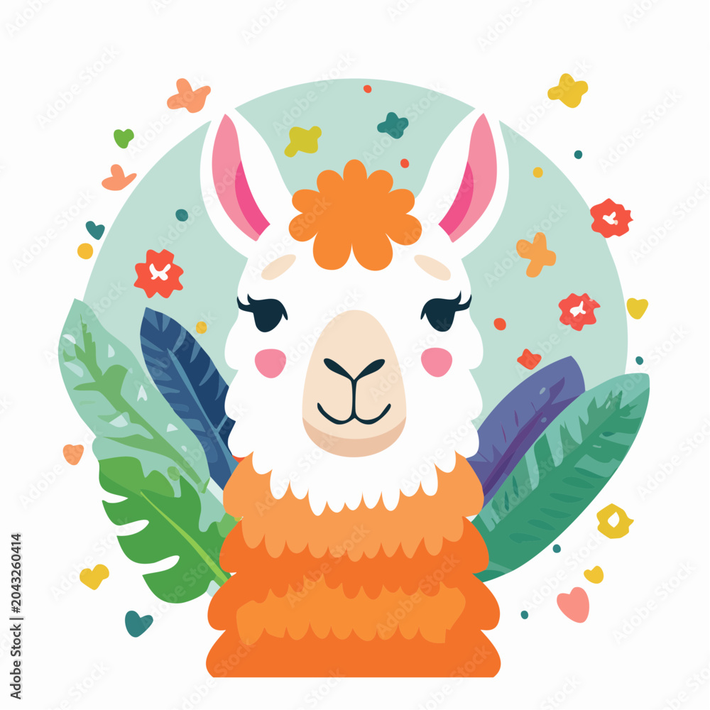 Naklejka premium Cute Llama Illustration with Tropical Leaves and Flowers
