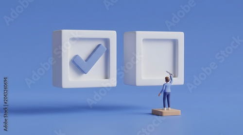 Minimal 3D character standing on a platform, holding a pen to fill an empty checkbox next to a completed white checkmark box, concept of voting, checklist survey, and task management.
