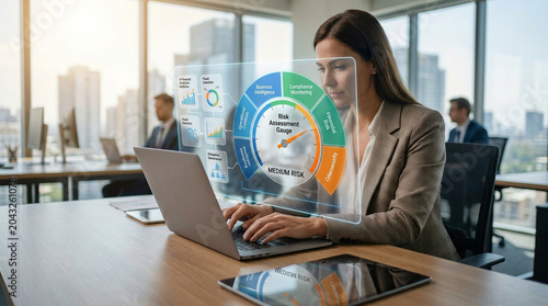 Business analyst using holographic risk assessment interface on a laptop in a modern corporate office