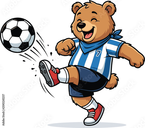 Cartoon bear kicking soccer ball wearing blue and white jersey