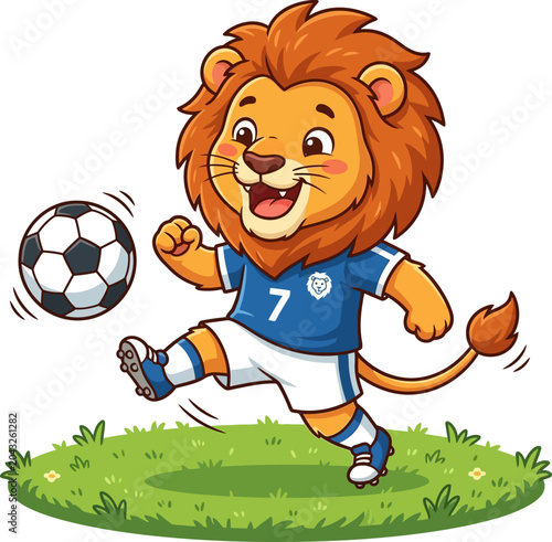 Cartoon lion wearing blue soccer jersey kicking ball on green grass