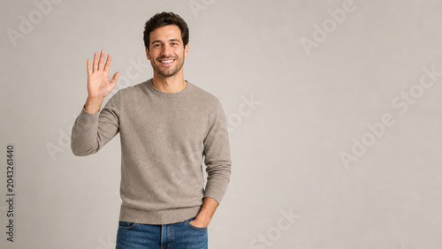 Cheerful man waving hand beige knit sweater studio portrait friendly greeting welcome