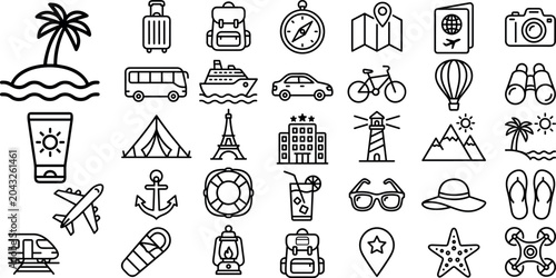 Bild auf Leinwand Travel and Tourism Line Icons Set Summer Vacation Vector Elements
