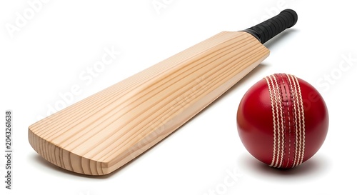 Cricket bat and red leather ball on white background sports equipment