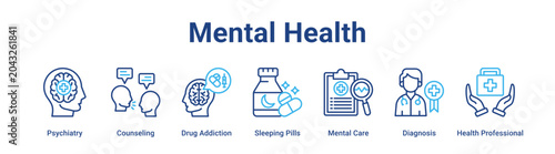Billede på lærred Mental Health web banner icon vector illustration concept for medical with icon of Psychiatry, Counseling, Drug Addiction, Sleeping Pills, Mental Care, Diagnosis