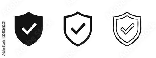 Security Shield with Checkmark Icon Set, Protection and Quality Symbols, Solid Outline and Hand Drawn Styles
