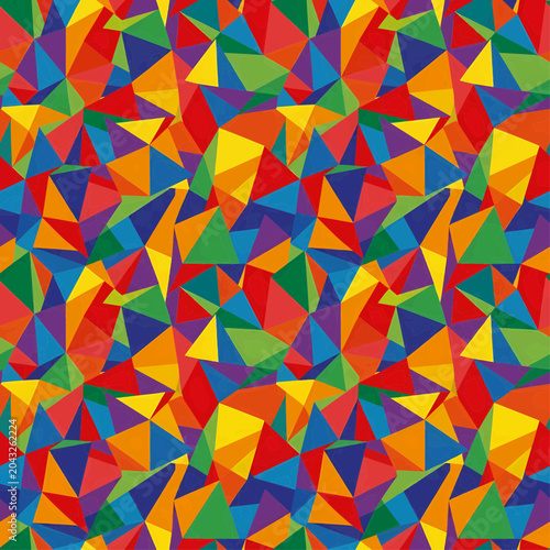 Vibrant, seamless, abstract geometric pattern, numerous small, irregularly shaped triangles. Dazzling primary and secondary colors combine, creating a dynamic playful visual.