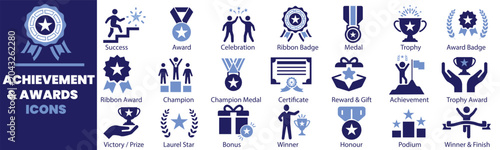 Achievement and award icon collection featuring trophy symbols, winner badges, championship medals, recognition rewards and success celebration elements