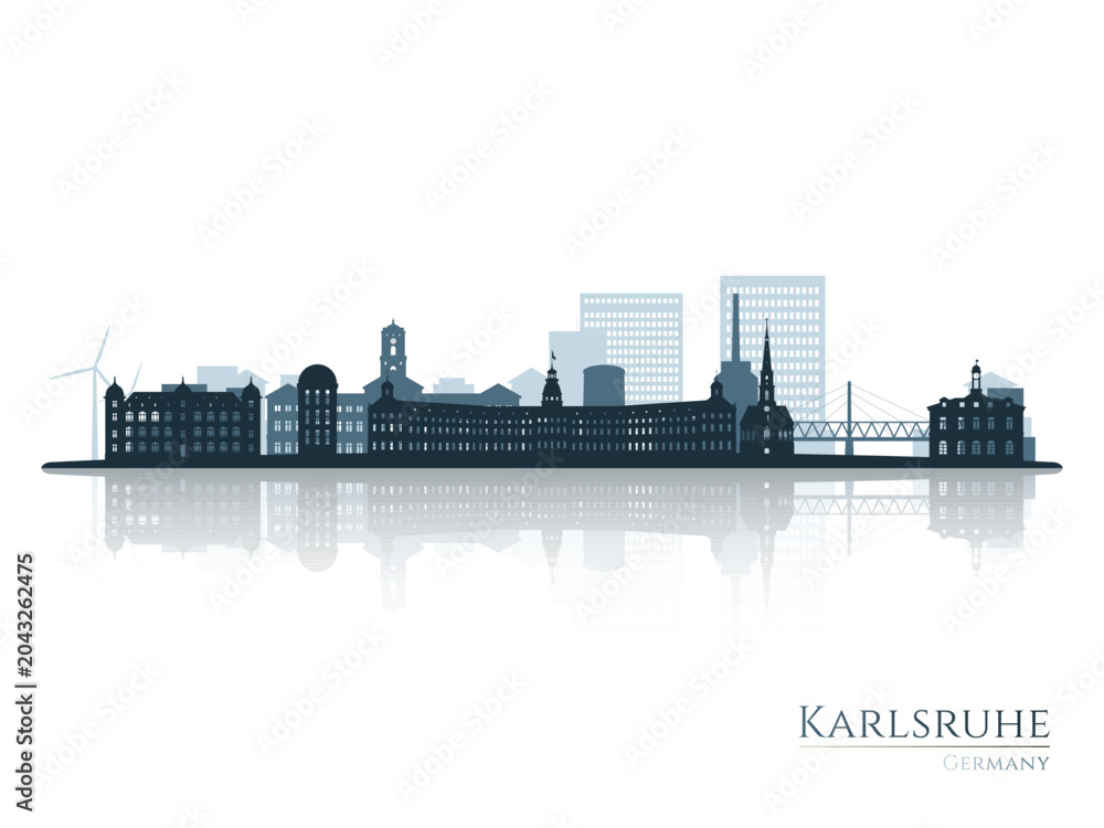 Obraz premium Karlsruhe skyline silhouette with reflection. Landscape Karlsruhe, Germany. Vector illustration.