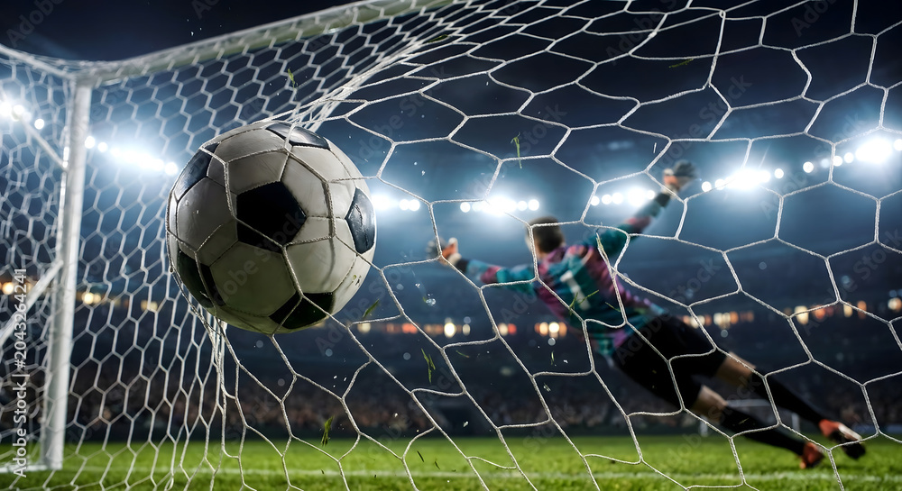 Naklejka premium Balón de fútbol en la red de la portería marcando un gol durante un emocionante partido en un estadio iluminado
