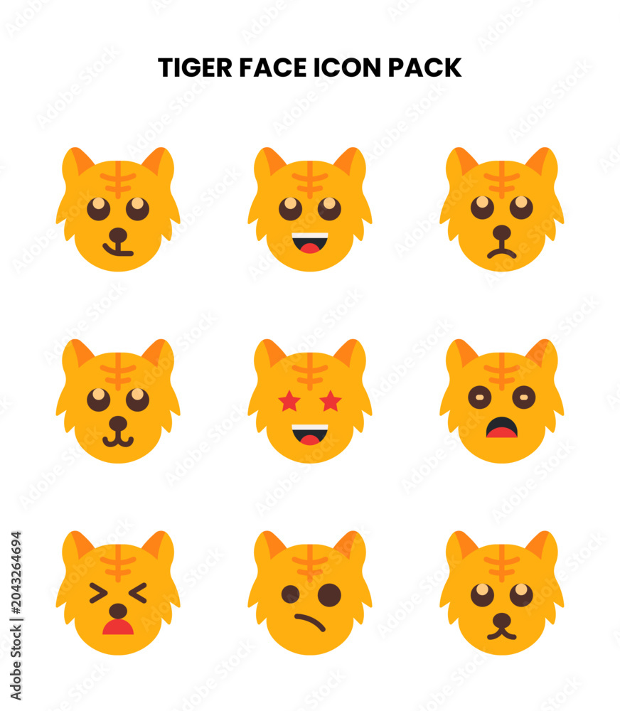 Fototapeta premium Tiger Face Flat Set Icons Pack