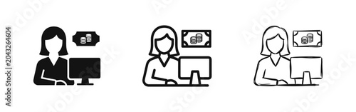 Schilderij op canvas Female bank teller or cashier icons at a computer in three styles