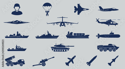 Canvastavla Set of military vehicles, aircraft, ships, and weapons icons