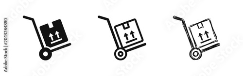 Foto Hand truck dolly with delivery box icons in solid, outline, and sketch styles