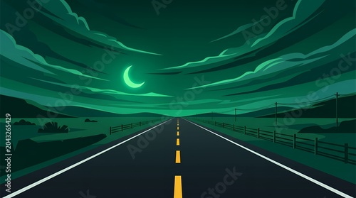 緑の夜空に浮かぶ三日月とどこまでもまっすぐ続く夜の道路のイラスト背景