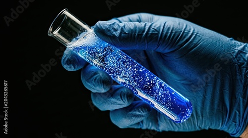 Scientist in protective blue gloves holding a clear glass test tube filled with glowing blue liquid and bubbling chemical reaction