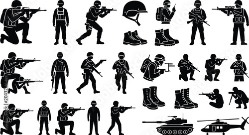 Foto Military Soldier Silhouettes and Combat Gear Icon Set with Infantry Forces, Weap