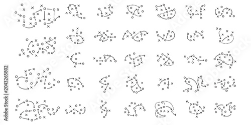 Football tactics hand drawn doodle icon set, soccer game strategy plan diagram with arrows, passes, player movement, player positions and game plan.