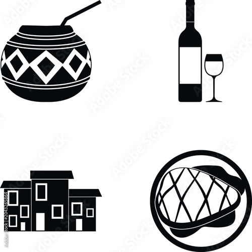 Icons representing argentinian food, drink and famous architecture