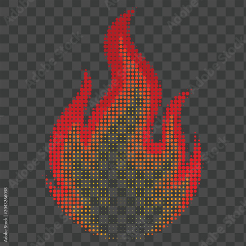 Halftone fire icon, abstract flame shape made of red and orange dots, vector illustration 