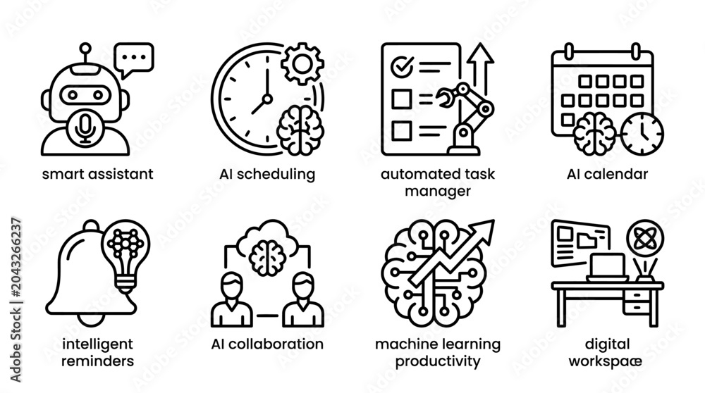 Fototapeta premium Collection of outline icons representing AI productivity and automation tools.