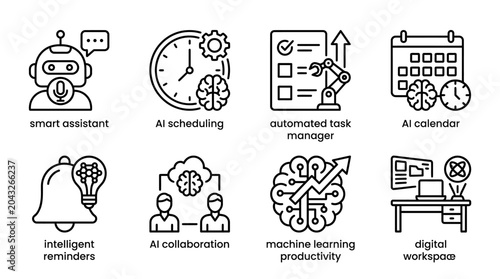 Collection of outline icons representing AI productivity and automation tools.