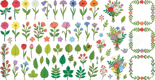 Tableau sur toile Spring wild flower mega collection set with floral bouquet frame border leaf element vector layout