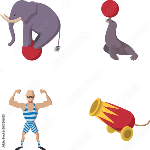 Elephant, seal, strongman, and cannon forming a circus performance collection