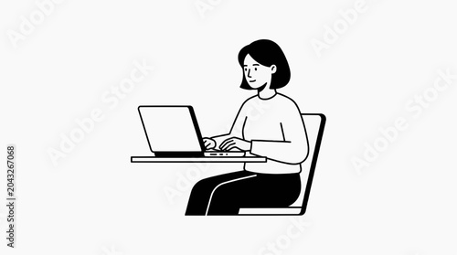 A woman typing on a laptop computer, illustrated in a minimalist, line-art style.