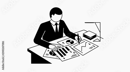 A businessman in a suit diligently works at his desk, surrounded by charts, graphs, and documents, illustrating focus and dedication in a professional setting.