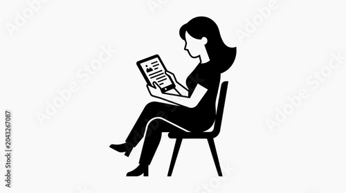 A woman is sitting and reading a tablet.