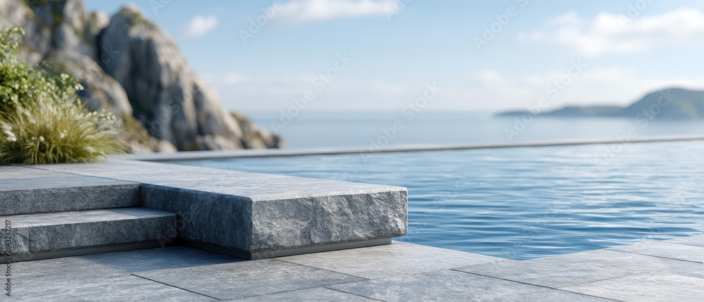 Fototapeta premium Infinity pool overlooking a dramatic ocean and mountain panorama, luxury travel, wellness retreat, relaxation destination, scenic escape.