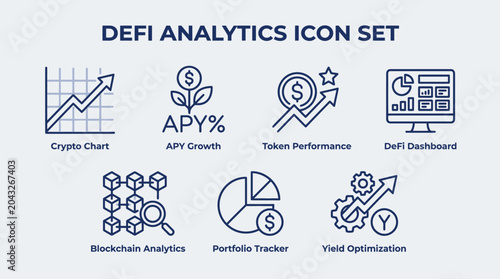 DeFi Analytics Icon Set Line Art Collection.