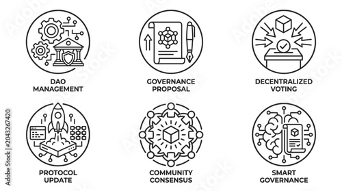 Decentralized Autonomous Organization Governance Line Art Icons Set.