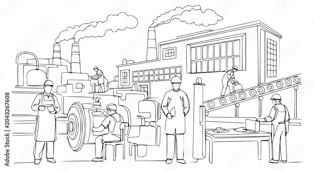 Obraz premium Industrial Factory Scene with Workers and Machinery, Production Line, Smoke Stacks