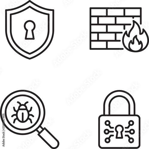 Security monitoring elements include a shield with a keyhole, a firewall, a magnifying glass inspecting a bug, and a circuit board padlock.