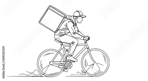 Obraz na płótnie Delivery man riding bicycle with insulated backpack, fast courier service, line