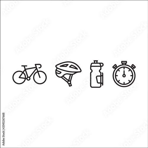 Bicycle set icons showcase a racing bike, a safety helmet, a hydration bottle, and a timer to represent professional cycling training.