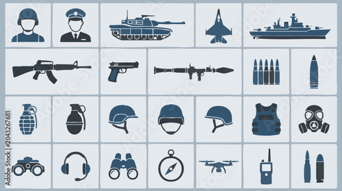 Quadro su tela Military and Army Icons Set - Soldier, Weapons, Vehicles, and Gear
