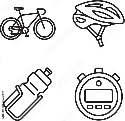 Cycling equipment icons illustrate a road bicycle, a protective helmet, a water bottle, and a digital stopwatch for training performance.