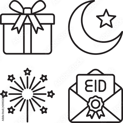 Icons depicting Islamic celebration feature a gift, crescent moon with star, fireworks, and an Eid greeting card.