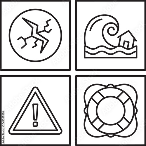 Symbols of emergency and natural hazards include a cracked earth icon, a tsunami wave, an exclamation warning sign, and a lifebuoy.