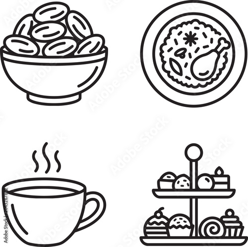 Icons depicting a meal and snacks feature a bowl of dates, a plate of chicken with rice, a steaming cup of tea, and a tiered dessert tray.