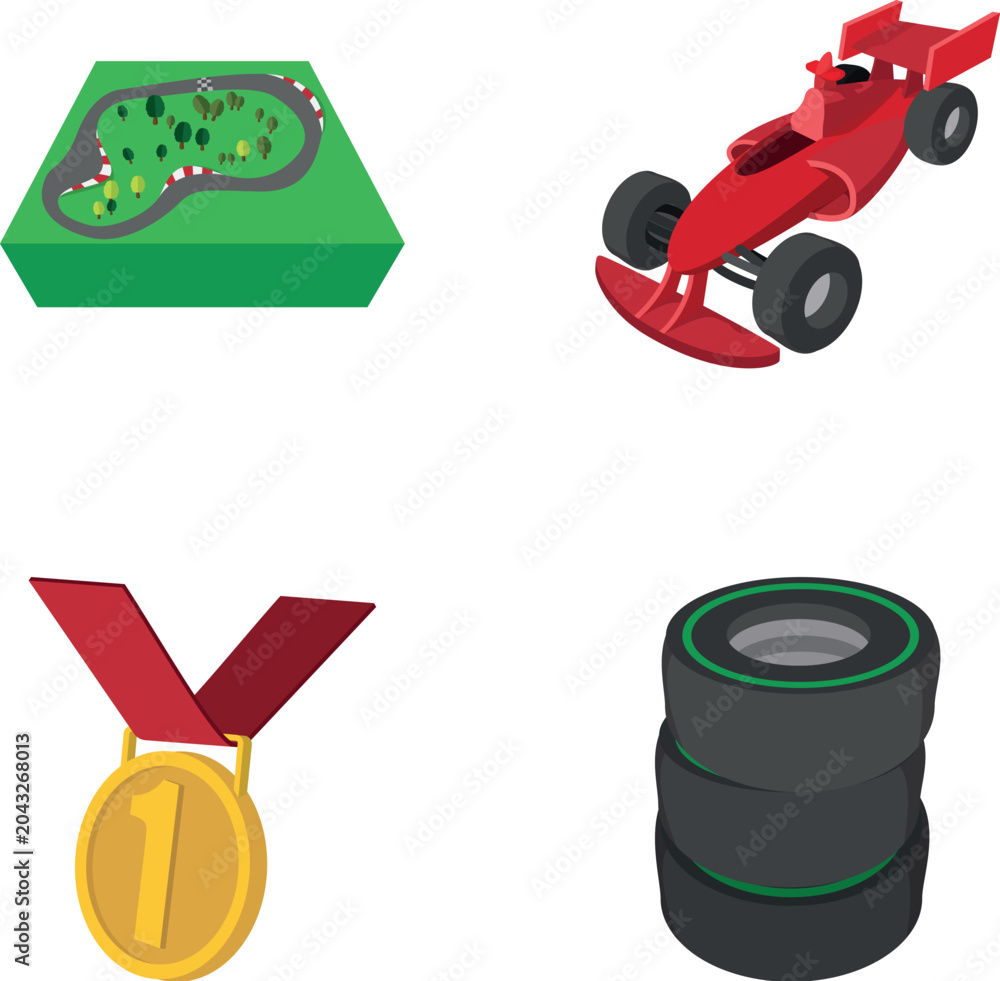 Fototapeta premium Formula racing event objects including a circuit, red car, tires, and gold medal