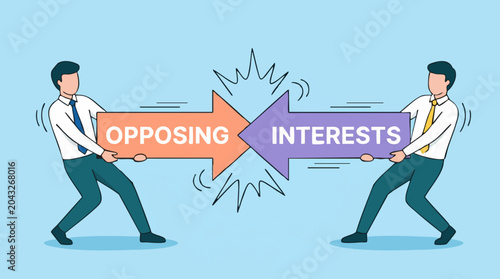 Cuadro en lienzo Two businessmen in tug-of-war pulling arrows with 'opposing interests' text