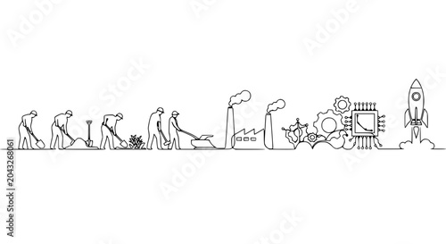 Foto Evolution of Industry: From Manual Labor to Technological Advancement and Space