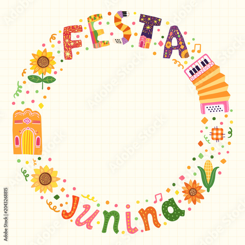 Cute Festa Junina Vector Frame with Hand Painted Text, Sunflower, Accordion, Corn, Brazilian Festival Border