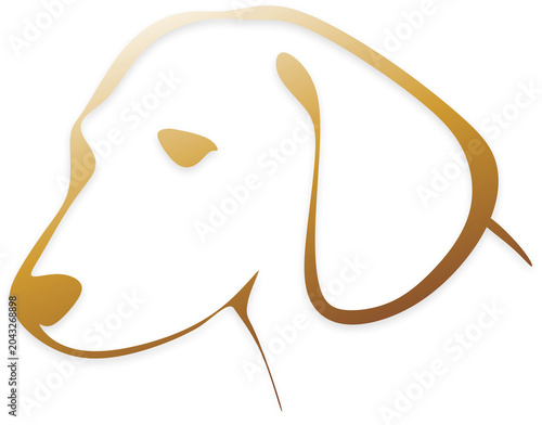 A golden dog head logo on a white background
