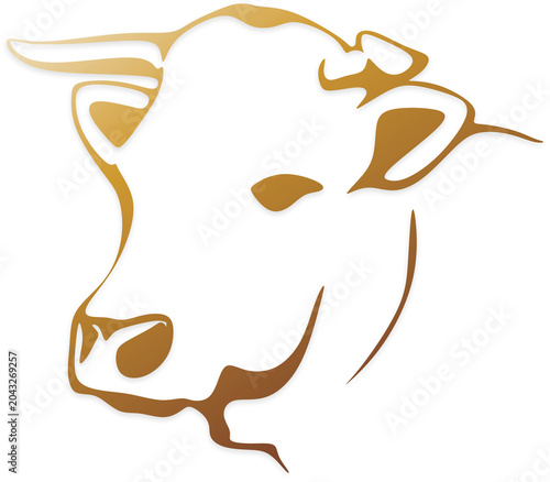A stylized illustration of a cow's head in gold and white